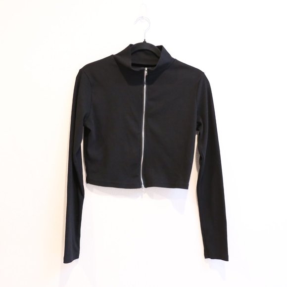 Jackets & Blazers - 2-way zip black high neck black long sleeve crop top sweater jacket